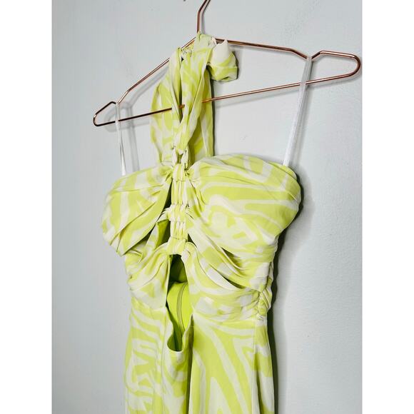 RONNY KOBO X RTR Green Printed Knotted Neckline Waist Cutout Dress Size 4 - Picture 12 of 16